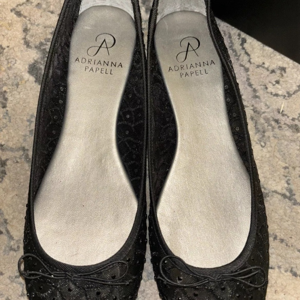 Adrianna Papell Black Lace and Rhinestone Sequined Ballet Flats sz 8 (028)